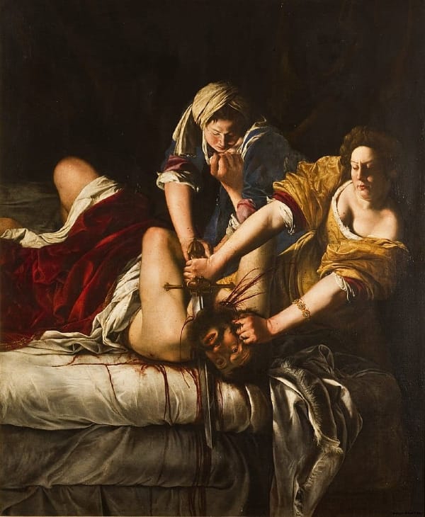 The painting "Judith Beheading Holofernes" by Artemisia Gentileschi. In it a man is getting his head sawed off by a woman with a sword, while another woman holds him down.